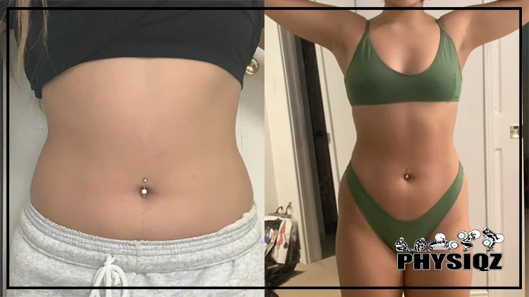 On the left, Tatyana is shown before working out, wearing a black top and grey sweatpants that reveal her pudgy belly; on the right, the after picture shows her transformation after one month of weightlifting: she’s in a green swimsuit, with a slimmer, flatter tummy, trimmer hips, and toned thighs.