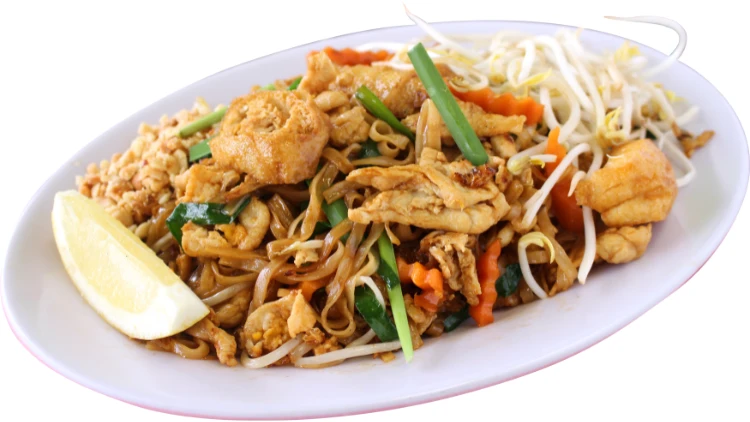 Thai stir-fried noodles is displayed on a plate, filling the image with vibrant colors and textures, the noodles are cooked to perfection, retaining their tender yet chewy texture, and are accompanied by a colorful assortment of vegetables such as bell peppers, carrots, and green onions.