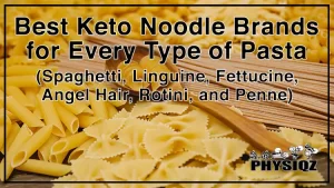 Some of the best keto noodle brands like rotini, angel hair, bow-tie, or farfalle, fusilli, macaroni, and penne are laid out on a wooden looking table with a wooden spoon at the center.