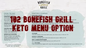 The Bonefish Grill keto menu showing a number of options like from the bar featured favorites such as signature sangria and their starters and sharing such as bang bang shrimp, ahi tuna poke, and imperial crunch sashimi tuna.