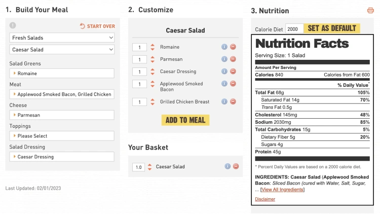 Customization options for a meal with three sections: the first section allows customers to choose components to build their own meal, the second section allows customers to customize their meal to specific preferences, and the third section provides nutrition facts of the customized order, such as calories, fat, protein, and other nutritional information.