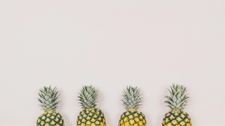Four fresh and ripe pineapples with spiky green leaves on top, arranged neatly on a surface in white background.