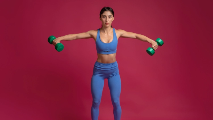 A woman in blue gym clothes performing Lateral Raises exercise, she holds a green dumbbell in her hand and stands against a maroon background.