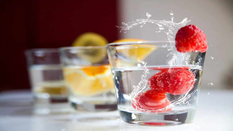 A single glass of water with three raspberry drops in it, set against a blurred background of two additional glasses of water, each garnished with slices of kiwi and orange fruit.