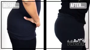 On the left is ShaQita's before picture where she is wearing a dark blue tank top and black pants that shows a flat undefined buttocks before she began the glute building workout plan pdf and on the right, in her after picture, ShaQita is wearing a black long sleeve top and dark blue pants showing her 4-week glute transformation that reveals a rounder, more curvy, and defined butt.