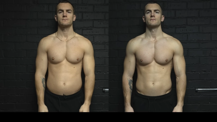 A comparison image of a topless man's body before and after losing weight in just one week whereas the image on the left shows his body before weight loss, wondering how much fat can you lose in a week and he has a high body fat and a little flabby, while the image on the right shows a slight change in his body fat percentage after losing weight for just one week, and he's overall more defined and toned.