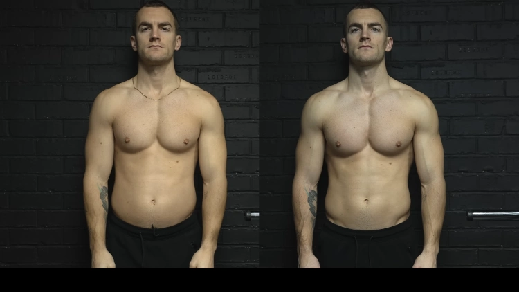 The comparison image displays a man's body before and after one week of weight loss, illustrating a noticeable reduction in body fat and improved muscle definition, prompting questions about the achievable fat loss within a week.