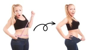 A woman with a blonde ponytail, black sports top, and blue jeans is on the left measuring her tummy with a pink measuring tape and on the right, after she figured out how to lose weight in 2 days, you can see the same woman where her jeans no longer fit and she's smiling about her progressive, sustainable results.