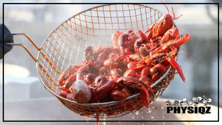 A person with black gloves is holding a silver strainer with countless bright red crawfish in it and debating "is crawfish keto" as they drain a yellow tinted liquid into a large silver pot.