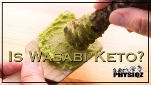 A freshly harvested Japanese wasabi stalk is being held in the right hand of a man, and in his left hand he's holding a wood grate as he shred the plant into wasabi paste onto a wooden cutting board.