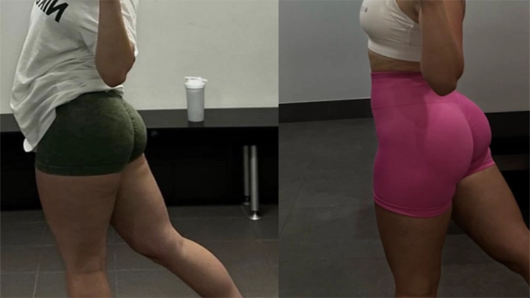 On the left, Jade wearing a white t-shirt and green shorts showing her glutes before incorporating glute workouts in her routine, saggy and less defined; on the right, Jade, wearing a white tank top and pink shorts showing her glutes after three months of doing glute workouts, less saggy, rounder and more defined.