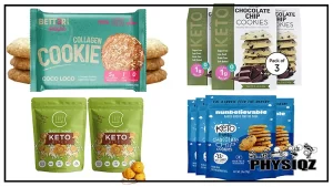 Four different keto cookie brands all displayed against a white backdrop; on the top left, a teal-colored pack of Bett3r collagen cookies; on the bottom left, two green packs of Chipmonk toasted coconut keto bites; on the top right, three green and white packs of Too Good Gourmet chocolate chip keto cookies; and on the bottom right, four blue packs of Nunbelievable keto friendly chocolate chip cookies.