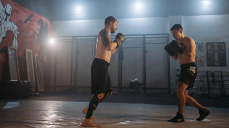 A topless man with a tattoo, wearing a black gym pants, a black boxing gloves and barefooted is sparring with another topless man wearing a black shorts and shoes, and black boxing gloves in a dimly lit studio with barbell racks and fences in the background.