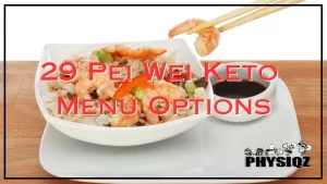 An appetizing Pei Wei keto meal of Asian fried rice is presented in a square bowl, adorned with succulent shrimp and vibrant red bell pepper slices, a pair of wooden chopsticks holding a plump shrimp, a small bowl of soy sauce dip sits nearby, completing the dining setting, the dish exudes warmth and aroma, making it a mouth-watering treat for any food lover.