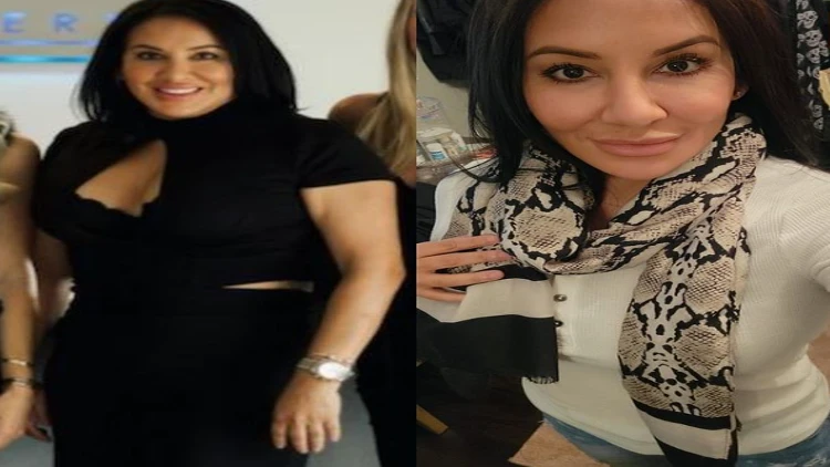 Side-by-side comparison of Regina's body transformation after using sermorelin, with the left picture displaying her in a black dress showing her body before using the product, and the right picture showcasing her looking thinner in a white top with a scarf after using sermorelin.