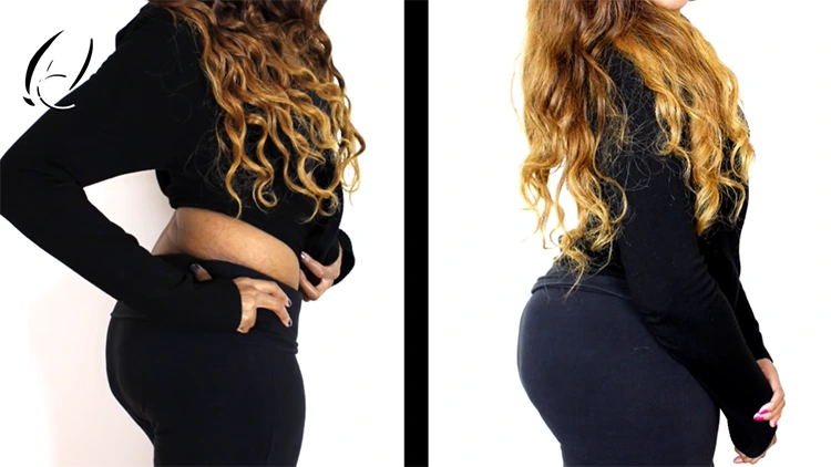 On the left, ShaQita wearing a black long sleeve top and black pants showing her glutes before doing the 30-day glute challenge, less curvy and saggy; on the right, ShaQita wearing a black long sleeve top and dark blue pants showing her glutes after doing the 30-day glute challenge, more curvy, defined and less saggy.
