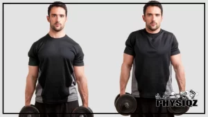 The same man is on the left and right of the image while on the left he's at the bottom of a shrug and resting his traps which is the main shrugs muscles worked, and on the right, the same man is performing a shrug in a black t-shirt and holding dumbbells.