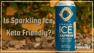 A can of Sparkling Ice + Caffeine sits on a wooden table with a blurred background of rocks and leaves, the can is sleek and colorful with vibrant shades of blue, and white, and the brand name and product name are prominently displayed.