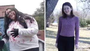 On the left, a woman with eyeglasses wearing a white long sleeve with red paint on her face showcases her overweight body, whereas on the right, the same women went through the stages of noticing weight loss and is wearing a purple long-sleeve and black tights who went on a vegan and CICO diet reveals her fitter, healthier, and more toned body.