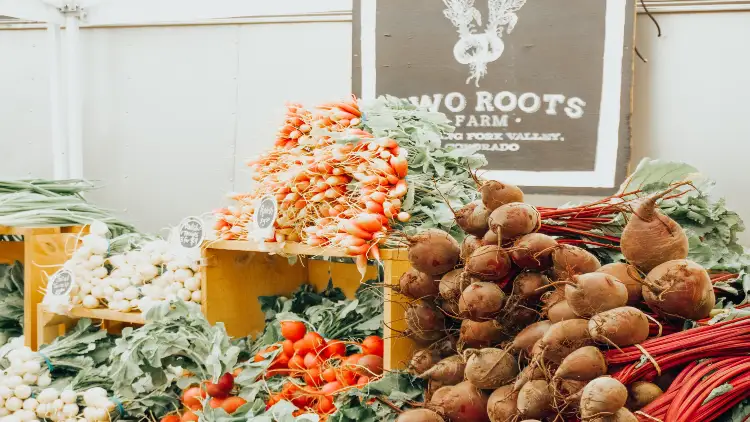 Wooden shelves display a variety of root vegetables including carrots, turnips, and sweet potatoes, while a rustic wooden signboard for Roots Farm serves as the backdrop.