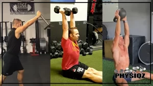 Three different men performing examples of vertical push exercises; on the left, a man wearing a black tank top and shorts is performing a landmine z press, in the middle, a man wearing a red t-shirt and black shorts is performing a dumbbell z press, and on the right, a topless man with cap, wearing dark blue shorts is performing a kettlebell z press.