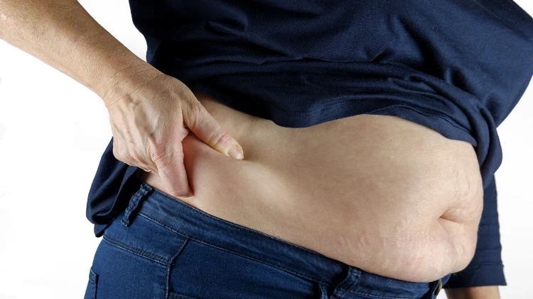Woman's midsection with visible belly fat, and her hand pinching the skin on the side of her waist.