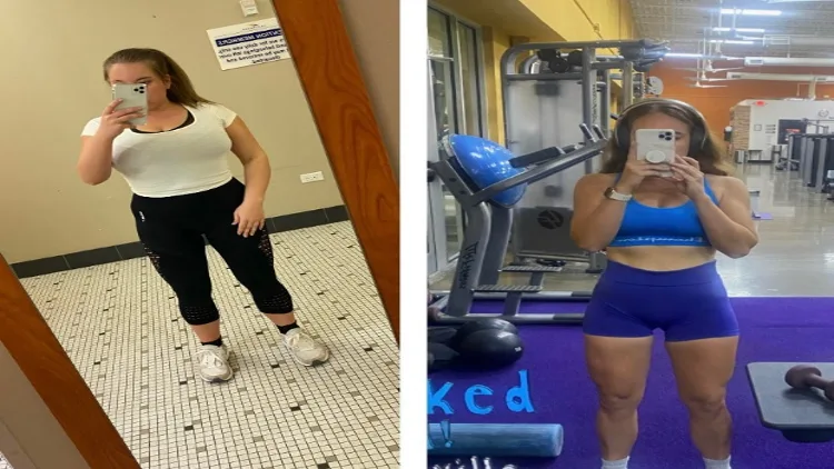 The lady in the left picture, dressed in a white shirt, black tights, and white shoes with black socks, has a slender body but extra fat on her arms, thighs, and legs, while the right picture shows the image of the lady wearing a blue tank top and gym shorts in the gym, her body is more toned, curvier, and muscular after losing 27 lbs.