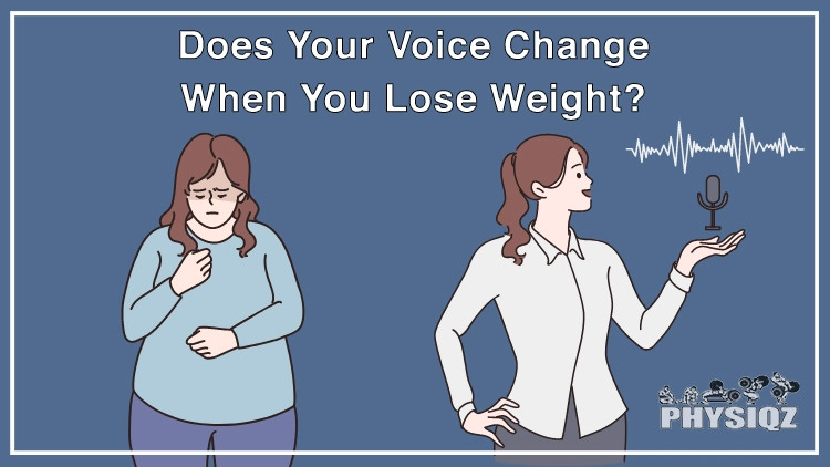 The illustration depicts a woman initially overweight in a blue sweater and pants, and after losing weight, dressed in a white long-sleeve polo and grey skirt, speaking into a microphone with visible soundwaves, pondering the firsthand experience of her voice changing during weight loss.