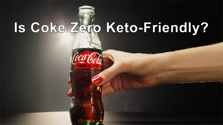 A woman with red fingernails is holding a glass bottle of Coca Cola that says "zero sugar", is 3/4s full and has water droplets glistening on the outside as she questions whether or not Coke Zero is keto.