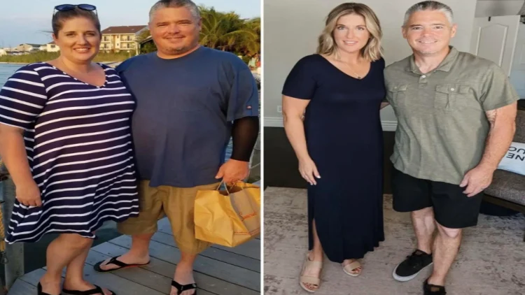 A before-and-after photograph showing Laura and Chris, who have undergone a tummy tuck procedure, the first image shows them prior to the surgery, with protruding stomachs and loose skin, in the second image, taken after the procedure, their stomachs appear flatter and smoother, with improved muscle tone and a reduction in excess skin.
