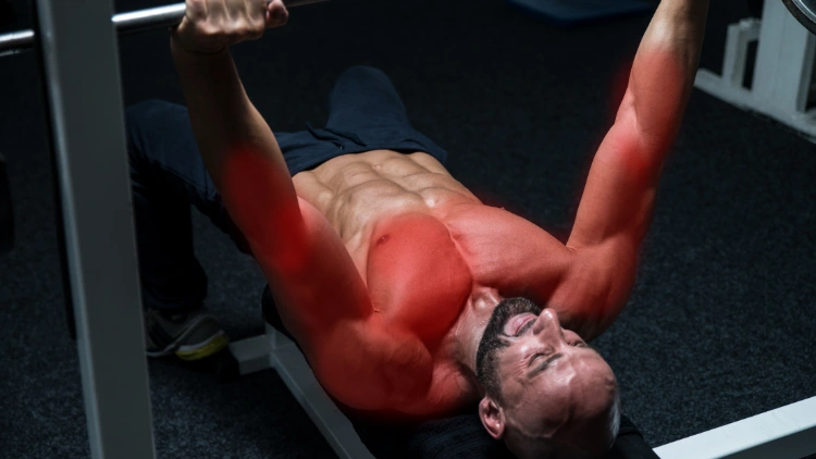 A man lies on a gym bench and lifts a barbell with both hands, he wears a black shorts, and his arms and chest muscles are visible highlighted in red.