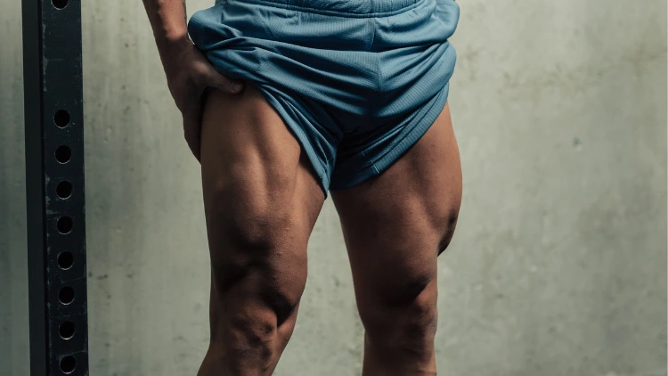 A man wearing blue shorts pulled up to reveal the muscles on his legs, flexing his leg muscles while standing.