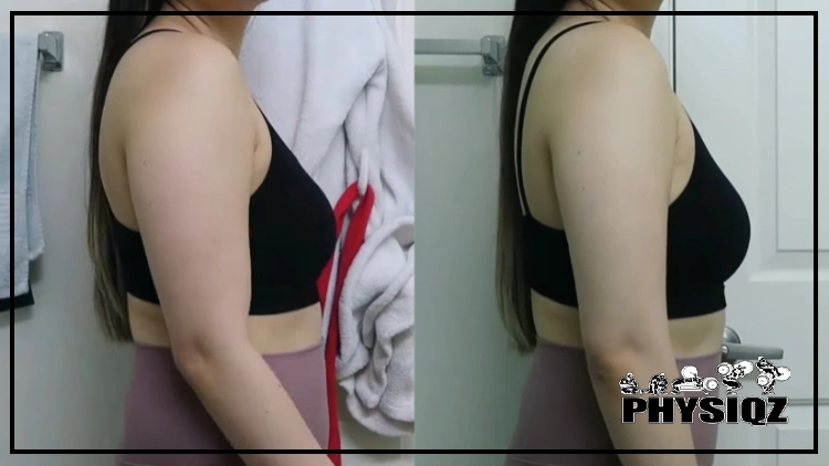 On the left is a woman with a skinny body fat arms ordeal and she has on a black sleeveless sports top and pink yoga pants, while on the right is her after picture where she lost weight and her arm is smaller, toner, and more proportionate to her body.