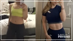 On the left is a skinny fat woman who is wearing black pants and a yellow top that shows her stomach is thin but has a little excess fat and muffin tops slightly, while on the right the same woman shows her body transformation that reveals a much toner physique with more muscle and a fit frame.