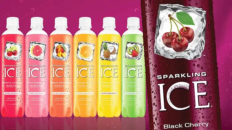 Six bottles of Sparkling Ice in different flavors such as cherry lime, pink grapefruit, peach nectarine, orange mango, coconut pineapple, and kiwi strawberry, and one close up of a bottle of Sparkling Ice in black cherry flavor on the right side.