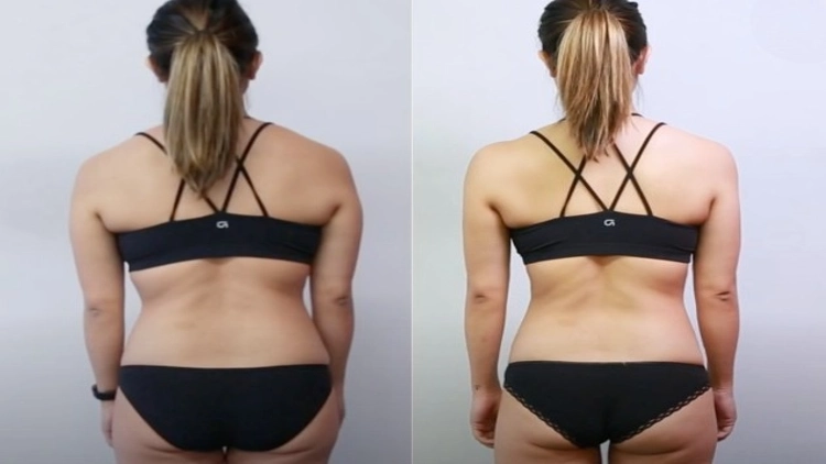 A woman in her back, wearing black underwear and a ponytail hairstyle, on the left side of the image, her body appears less toned and slimmer, while on the right side, her body is visibly more toned and slender.