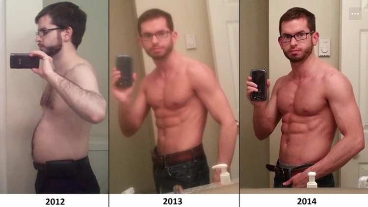 A comparison of three photos of a man taken between 2012 and 2014, on the first photo from 2012 showing the man topless, wearing black shorts and glasses, taking a selfie in front of a mirror with his phone, he has visible belly fat in this photo., in the middle photo from 2013, the man is wearing the same clothes, but he has developed muscles on his abs and chest, in the photo on the right from 2014, he is again wearing the same clothes, and now has even more muscles visible on his abs, chest, and arms.