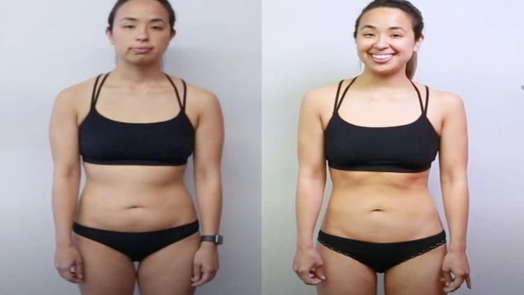 A comparison photo of a woman in black underwear, on the left, she is visible belly fat and on the right, she has no belly fat and a toned physique.