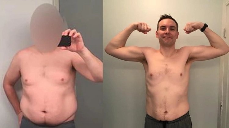 Before and after transformation of A.D's physique, in the left, A.D is taking a selfie in front of a mirror while wearing gray shorts and no shirt, his face is blurred, and he appears to have visible body fat, in the right, A.D is topless, wearing a black watch and gray shorts while flexing his muscles, his body appears toned and muscular with visible reduction of body fat.