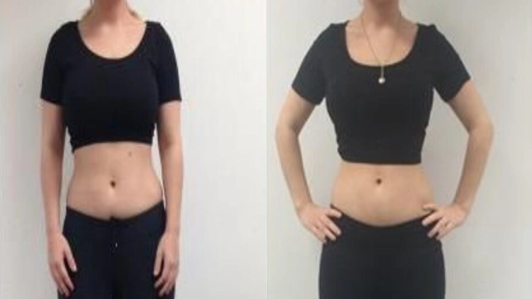 A comparison image of Alexia's 1 Month Weight Results from Yoga, with a black top and black pants, on the left is her before image with her tummy visible, and on the right is her after image wearing a necklace and with a slight change in her body.