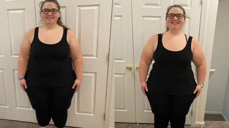 Brittany's 1 Month Transformation comparison showing her before and after photos, with a black top and black pants, on the left is her before image, and on the right is her after image with a slight weight loss in her body, she is also wearing black glasses.
