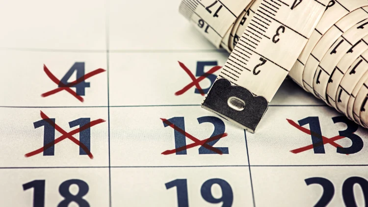 A close up on a calendar showing several dates, with a tape measure on top of it.
