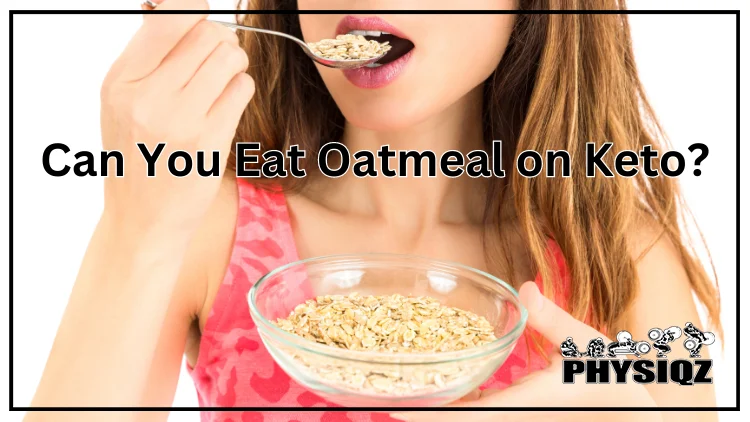 A woman with strawberry blonde hair, wearing a pink tank top and red lipstick, holds a glass bowl in her left hand and a spoonful of oats near her mouth in her right hand, questioning whether they're keto-friendly before taking a bite.