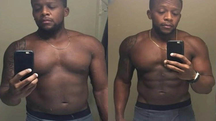 Before and after transformation of Fit Men Cook's physique, in the left, Fit Men Cook is taking a selfie in front of a mirror using his phone with a black phone case, he is shirtless, wearing gray shorts and a necklace, with visible tattoos on his arm and visible body fat, in the right, Fit Men Cook is topless, taking a selfie in front of a mirror using his phone with a black phone case, he is wearing a black watch, gray shorts, and a necklace, revealing his toned abs and great body compared on the left.