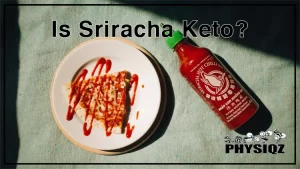 A small white plate with a slice of cheese pizza is drizzled with red sauce since not only is Sriracha keto, it makes a great flavor additive and beside it is a bottle of Sriracha resting on top of a green fabric.