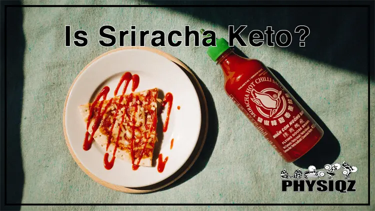 Beside a small white plate with a slice of cheese pizza drizzled with red Sriracha sauce sits a bottle of Sriracha on a green fabric, showcasing its keto-friendly status and great flavor-enhancing capabilities.