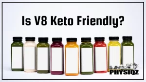 Nine bottles filled with different colored vegetable juices rest against a white background with colors range from from red, orange, green, yellow and purple, and they have a white label on them where the backside shows not only is V8 keto, or at least some varieties are since it depends on the type of V8.