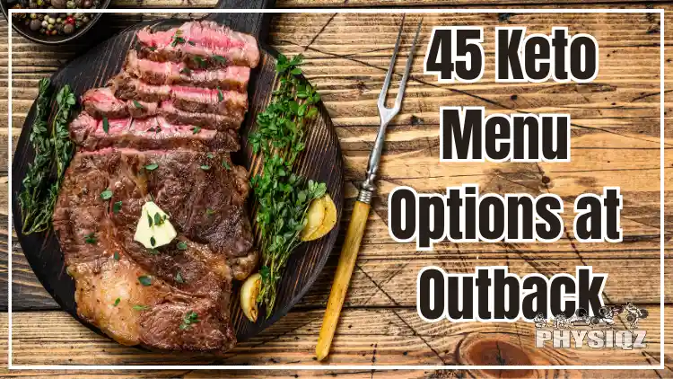 A medium rare ribeye steak is displayed on a circular wooden chopping board, the steak is sliced halfway through, with the other half left intact, and is topped with green herbs and butter, all of which is considered keto at Outback Steakhouse and beyond.
