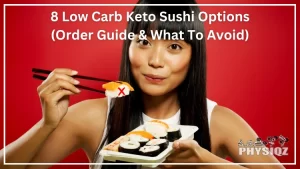 A Japanese woman with bangs is wearing a white top and holding a plate containing keto sushi options in her left hand and in her right hand, she holds a black chopstick with a piece of low carb salmon sushi roll in front of a red background.