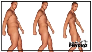 A man's keto weight loss timeline shows a fat white man who has a beer belly on the left , followed by another image of the same man in the middle with reduced body fat compared, and on the right, the man appears again but with a slim and fit physique.